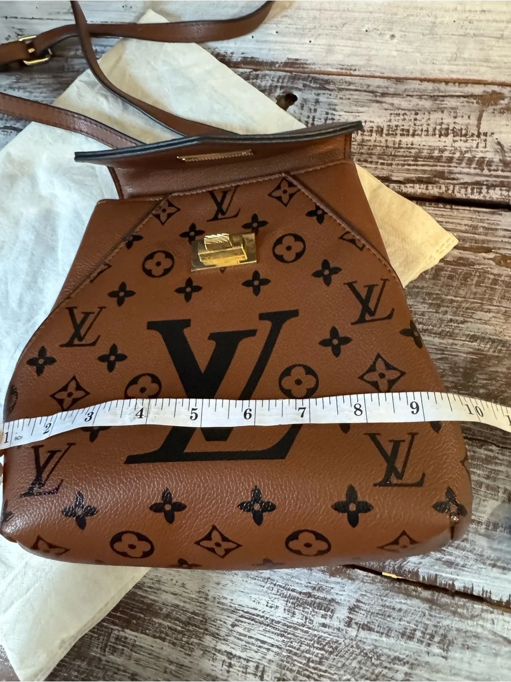 Brown Monogram Crossbody Bag with Gold Chain